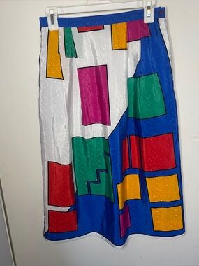 Vintage-style Midi Skirt Featuring A Colorful Geometric Block Pattern Size 8